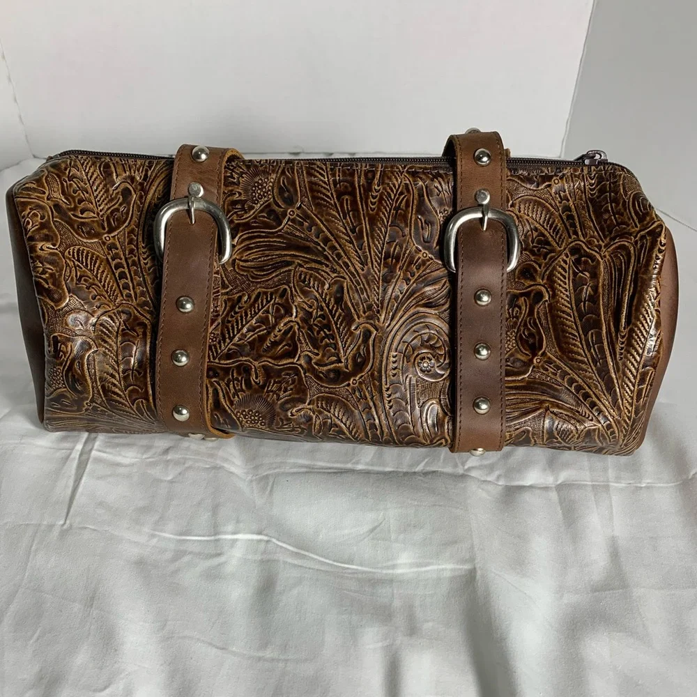 Harley-Davidson Vintage Tooled Brown Leather Shoulder Bag - Picture 3 of 8